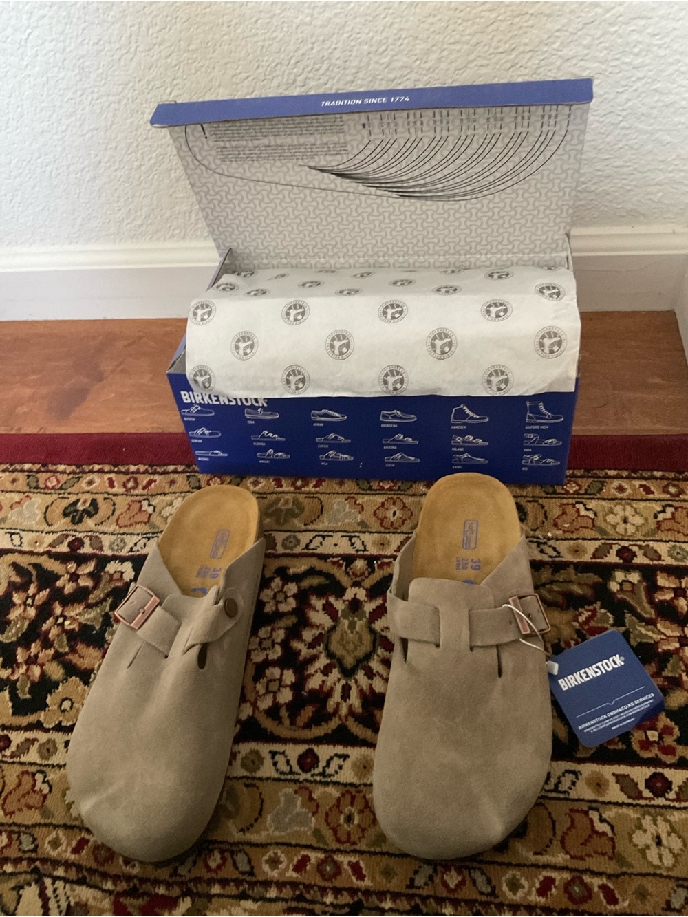Birkenstock Men’s Boston Suede Clogs — Taupe — Narrow